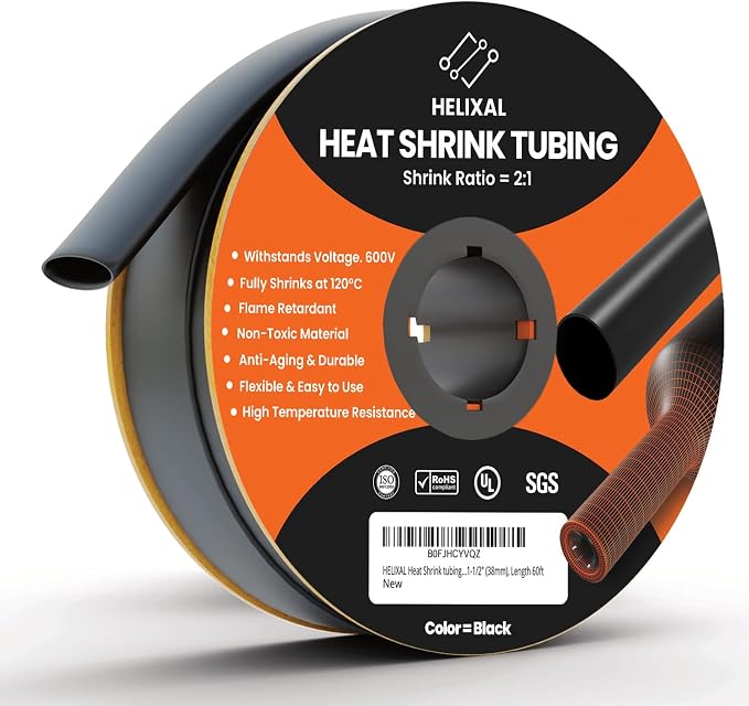 1-1/2" 38mm HELIXAL 2:1 Heat Shrink Tubing, Electrical Industrial Shrink Tube for Wire Insulation, Shrink Wrap Tubing, Electrical Insulation, Flame Retardant Cable Management Spool 60ft