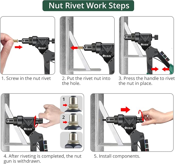 JiGiU 3 in 1 Rivet Gun Kit, Rivet Nut Tool Manual Pop Rivet Gun Tool Multi Size with 4 Mandrels, 4 Rivet Head & 2 Reaming Mandrels, 360° Swivel Head for Metal, Automotive, Sheet Metal, DIY Repair