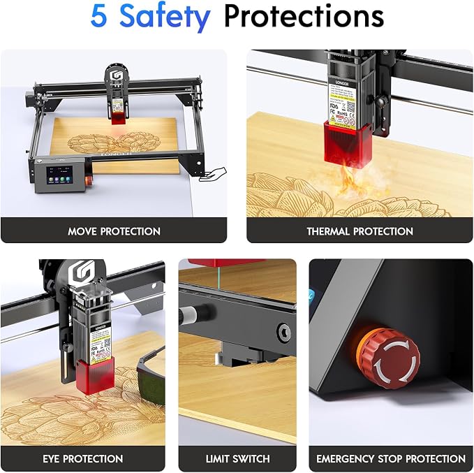 Longer RAY5 5W Laser Cutter and Laser Engraver for Tumblers, Rotary Roller Bundle, 17.3"x 17.3" Working Bed, Enclosure with Vent, and Air Pump, Laser Engraver for Wood and Metal, Acrylic