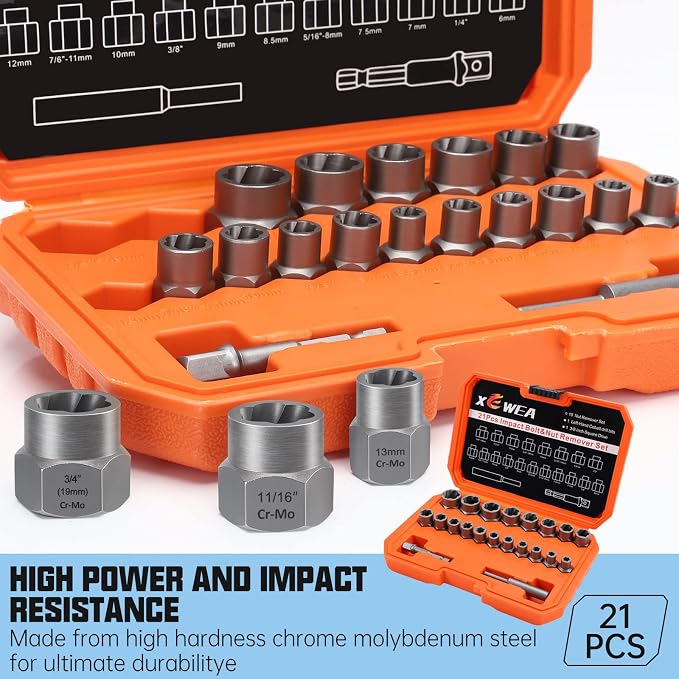 XEWEA 21PCS Bolt Nut Extractor Set, 3/8" Drive Easy Out Broken Lug Nut Extraction Remover Socket Set for Damaged, Frozen,Studs,Rusted, Rounded-Off Bolts & Nuts Screws
