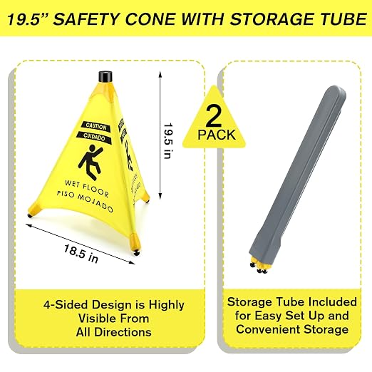 Ceenna 2 Pcs 19.5 Inch Wet Floor Sign Pop-up Safety Cone with Storage Tube Wet Floor Symbol Yellow Warning Sign for Retail, Grocery, Office, Cinema, Restaurant, Mall