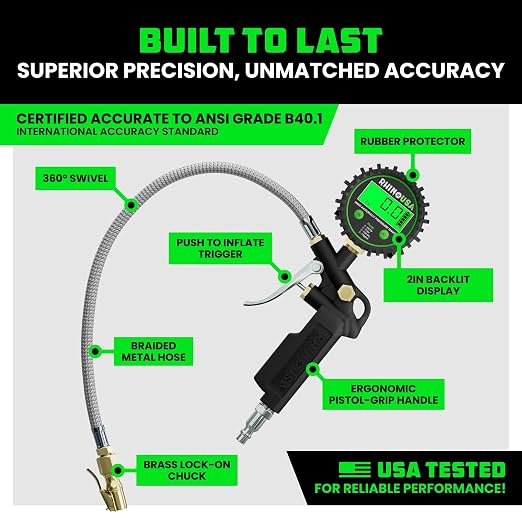 Rhino USA Digital Tire Pressure Gauge with Inflator (250 PSI) Professional Air Chuck & Air Compressor Attachments - High Pressure Tire Gauge with 0.1 Display Resolution - Best Car Accessories (1-Pack)