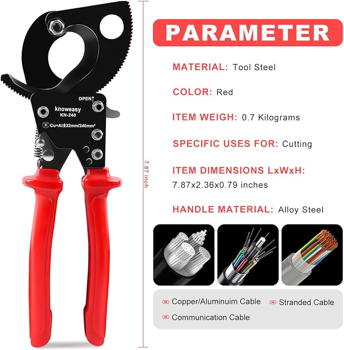 Knoweasy KN-240 Upgraded Cable Cutter and Ratchet Wire Cutter Works for Aluminum and Multi-core Cables up to 240mm