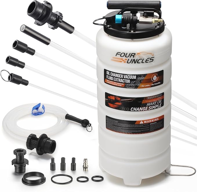 FOUR UNCLES Oil Extractor - Vacumm Fluid Extractor with Pump Tank Remover & Tubes for Oil Change and a Hose for Brake Bleeding