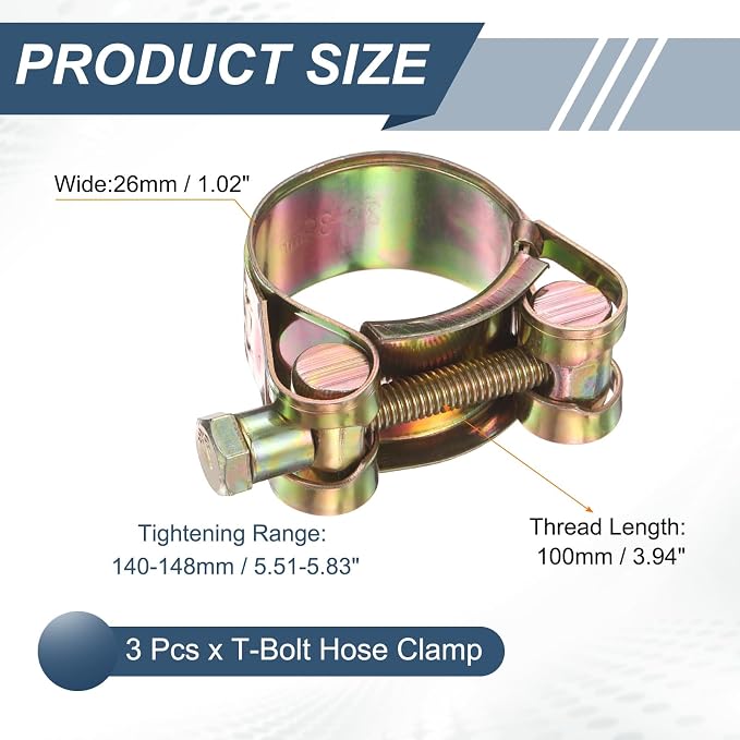 HARFINGTON 3pcs T-Bolt Hose Clamp 140-148mm (5.51-5.83") Galvanized Carbon Steel Adjustable Intake Radiator Pipe Clamps for Automotive Plumbing Industrial Pipes