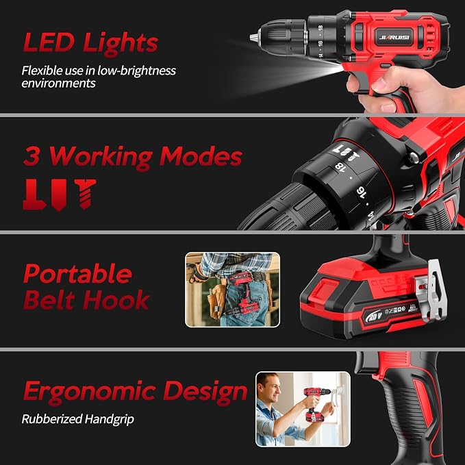 20V Cordless Drill, Electric Power Drill Set with Battery Charger and Carrying Case, 3/8” Keyless Chuck, 2 Variable Speed, 18+3 Torque, 72pcs Driver Bits and Belt Hook, Red