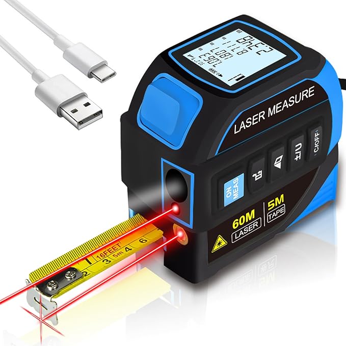 Menider 4-in-1 Laser Measure Tool - Digital LCD & Self-Locking, 196ft/60m Laser & 16ft/5m Tape, Cross Line & Dual-Axis Angle, Rechargeable for Pros