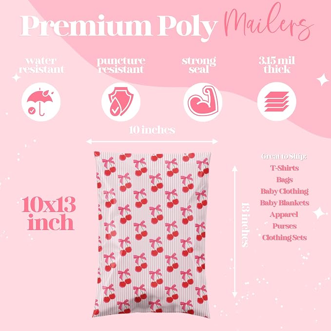 Pretty Package Store 10x13 Designer Poly Mailer 100 Pack Heavy Duty Waterproof Self Seal Shipping Bags for Small Business Large Mailing Envelopes Bulk Tear Resistant Packaging Pink Stripe Cherry Fruit