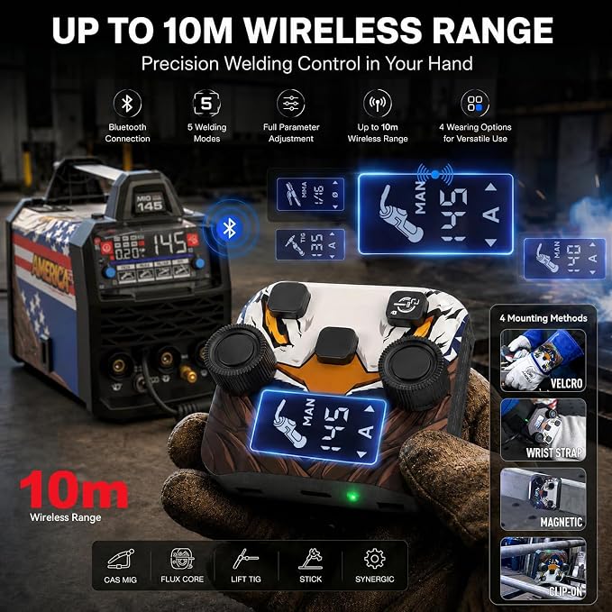 ANDELI 4-in-1 MIG Welder,2.4GHz Wireless Remote Control,Gas MIG/Lift TIG/Stick 145A Welding Machine,110V/220V Gas & Gasless Flux Core With Synergy,IGBT Inverter Portable,Bonus Welding Helmet & Gloves | 4-in-1 MIG Welder ,2.4GHz Wireless Remote Control