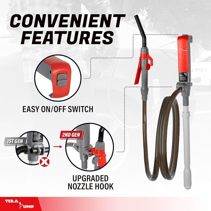 TERA PUMP Portable Battery Powered Gas Transfer Pump (2.3 GAL/MIN) Liquid Transfer Pump with 10ft Durable Vinyl Discharge Hose, Quick Stop Nozzle & Adjustable Intake for Gas, Diesel, DEF (New Gen)