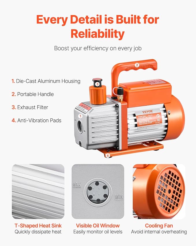 VEVOR 4.5 CFM AC Vacuum Pump and Gauge Set, Single Stage Rotary Vane HVAC Air Vacuum Pump, A/C Refrigerant Manifold Gauge Kit, with Leak Detector Hoses, for R134a, R12, R22, R502a, R410A, R404, R407C
