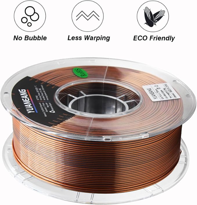 Silk Dual Color PLA Filament 1.75mm, ±0.03mm Precision, 1kg Spool (2.2 lbs), Smooth Multi-Tone Gradient PLA, Silk Black Copper
