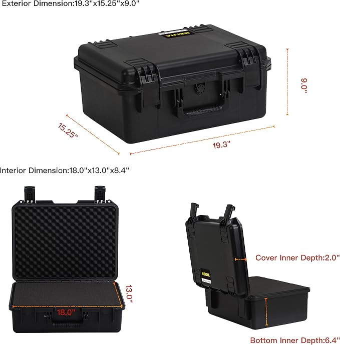 MEIJIA Premium Waterproof Hard Camera Case,Hard Protective Case with customizable fit foam,Full Protection with Light&Convenient Design,Elegant Black (19.3"x15.25"x9.01")