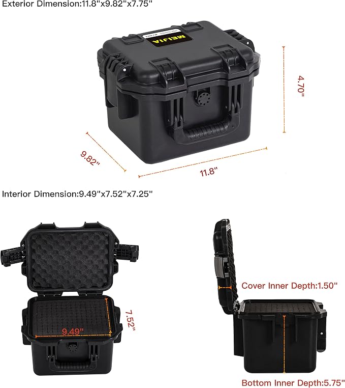 MEIJIA Premium Waterproof Hard Compact Camera Case,Hard Protective Case with customizable fit foam,Full Protection with Light&Convenient Design,Elegant Black (11.8"x9.82"x7.75")