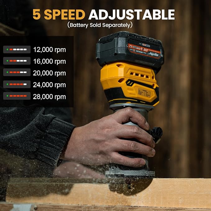 Cordless Brushless Compact Router Compatible with Dewalt 20V 60V Battery(Bare Tool),Palm Router with 5 Speed,28000RPM 600W, Fixed Base, 12PCS 1/4" Router Bits for Woodworking, Edge Trimming, Grooving