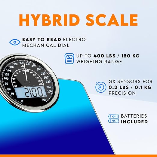 ZENO Hybrid 2-in-1 Analog & Digital Weighing Scale for Body Weight up to 400lbs - Thick Tempered Glass - Extra Large Display - Easy to Read Digital Bathroom Scale - New - Gradient Blue