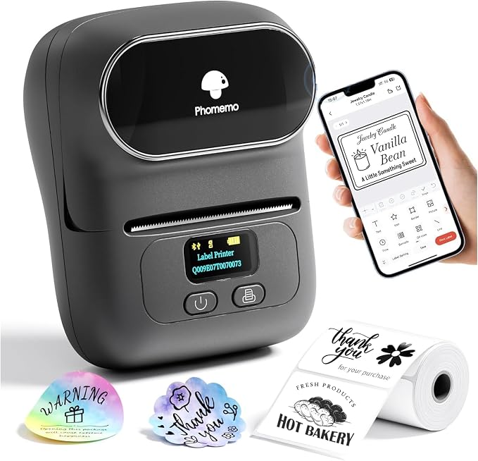 Phomemo Label Printer M110- Upgraded Barcode Label Maker Machine Sticker Printer for Small Business, Address, Office, Home for Phone; for PC/Mac(USB), with 100 Labels- Gray