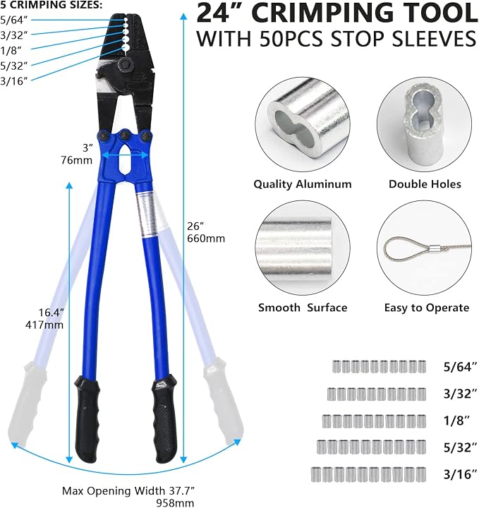24 Inch Hand Crimping Cutting Tool, Wire Rope Crimping Tool, Hand Swager Crimper Cutter for 1/16" 3/32" 1/8" 5/32" 3/16" Wires, Hand Swager Tool with 50pc Aluminum Stop Sleeves Oval Sleeves