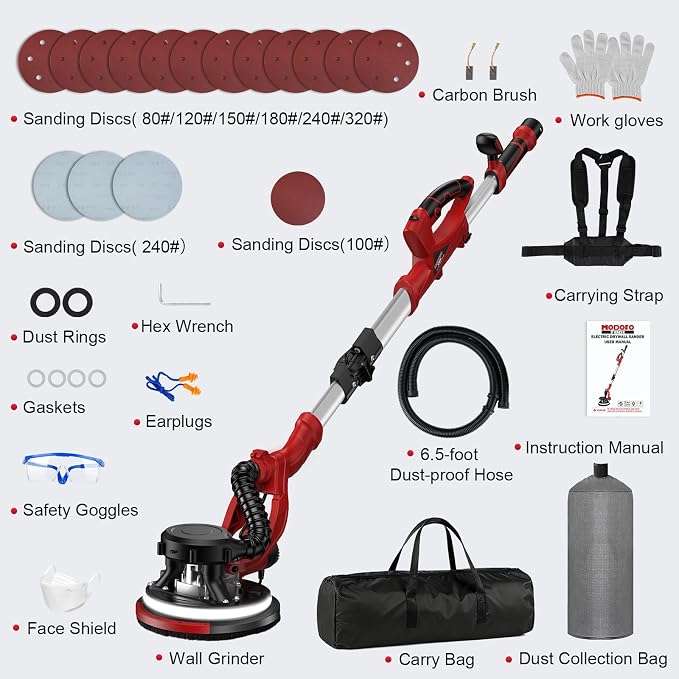 Drywall Sander with Vacuum Dust Collector, 1200W 5 Variable Speed 800-2100RPM Upgraded Popcorn Ceiling Removal Tool, Lijadora Para Drywall Popcorn Ceiling Remover with Extendable Handle
