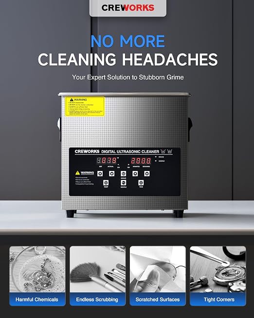 CREWORKS 3L Digital Ultrasonic Cleaner with Degas & Gentle Modes, and 17 fl oz Jewelry Cleaner Solution