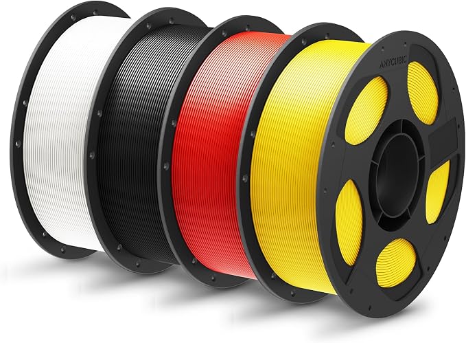ANYCUBIC PLA Plus (PLA+), 3D Printer Filament 1.75mm Bundle, High Toughness, Dimensional Accuracy +/- 0.02mm, 4 Pack 1KG Reusable Spool, White, Black, Red, Yellow