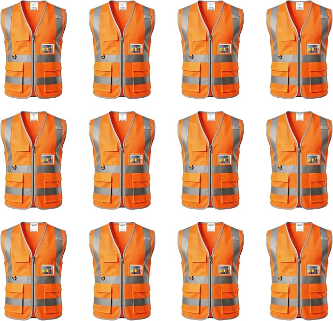 12 Pack Hi Vis Reflective Safety Vest Multi Pockets & Zipper Class2 | Construction Work Vest for Men and Women,Warehouse Crews,Road Workers,Volunteers,Security,Baggage Handling,Survey,Airport