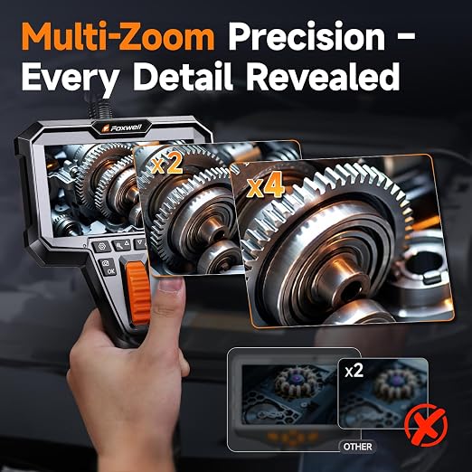 FOXWELL Elite Dual Lens 2-Way 220° Articulating Borescope, 0.25in Ultra-Slim Probe, HD IPS Display, IP67 Waterproof, Flexible Camera for Automotive, HVAC, Plumbing & Industrial Inspections 5.3FT