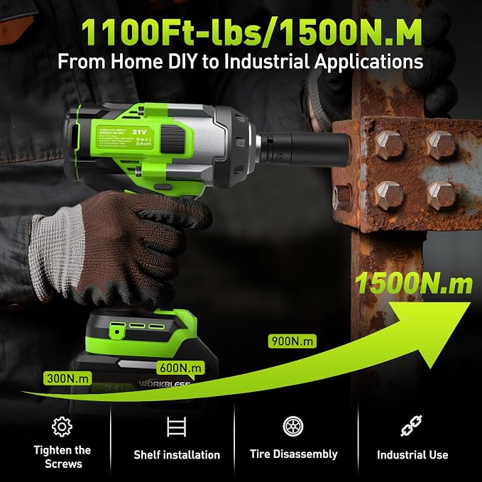 Cordless Impact Wrench 1/2 Inch, Max 1500Nm (1100Ft-lbs) Brushless High Torque Power Impact Gun with 4Ah Battery & Charger for Car Tire, Construction Work, Mower Lug Nut, 4 Sockets