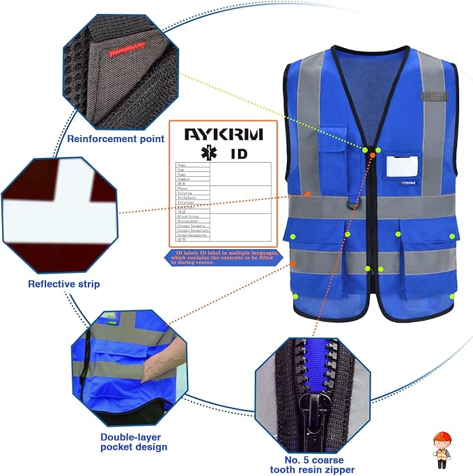 A-SAFETY Reflective Safety Vest with Mic Tabs, Black Front Zipper, Blue, L | Blue L safety vest with reinforced pockets, clear ID holder and mic tabs for electrical work and equipment maintenance.
