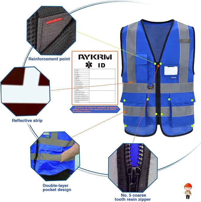 A-SAFETY Hi-Vis Safety Vest, Transparent ID Pocket, Front Zipper, Blue, XL | Blue XL work vest with reinforced pockets, front zipper and clear ID holder for equipment maintenance and mechanical work.