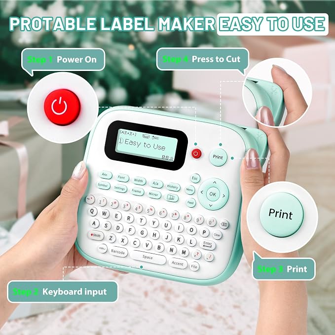 Label Maker Waterproof-Labels, Desktop Label Maker for Kids, D210S Handheld Labeler Machine with Tape-12mm 0.47 Laminated White, Multiple Symbols for Home Office School Kids Teachers Gifts