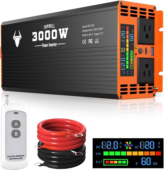 3000 Watt Power Inverter, Car/Home 12V DC to 110V AC Converter, with LED Display, Dual AC Outlets, USB Port, Dual Smart Fans, Cables Included, Suitable for Home, RV