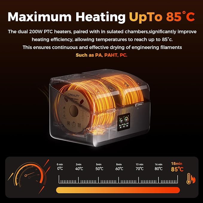 Creality Filament Dryer Box 4 Spool, SpacePi X4 3D Printer Filament Storage Box, Dual Independent Heating Chambers, Rapid Heating Up to 85℃, Active Dehumidification, for PLA,PETG,ABS,TPU,Nylon,etc