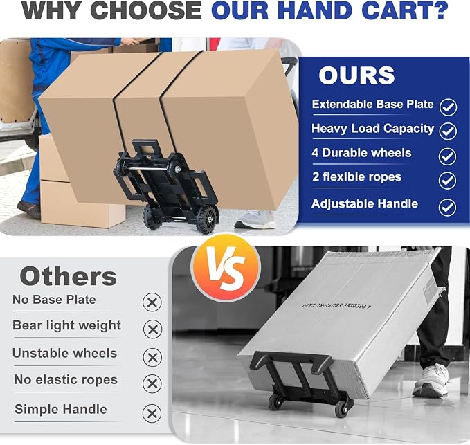 Folding Hand Truck Small Dolly,Foldable Utility cart with 4 Wheels & 2 Elastic Ropes,Foldable cart,Backpack Trolley,Car seat Dolly for Airport,Travel,Moving,Shopping Lightweight for Women