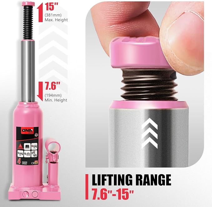 DNA Motoring 4 tons / 8818 lbs Lifting Automotive Welded Hydraulic Bottle Jack for Repair Vehicle, Pickup, Truck, w/Manual Handle, Pink, TOOLS-00352-PK