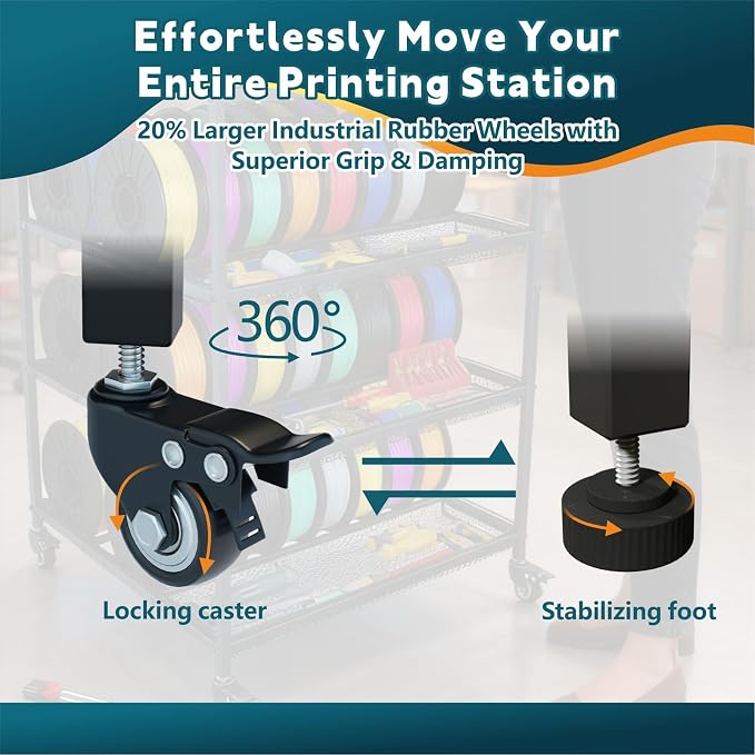 2026 Upgraded AC4 Heavy Duty 3D Printer Table Stand with High Density Polymer Vibration Damping Pads, 4 Tier 3d Filament Storage Rack with Wider Wheels for Home Office, Workshop Studio