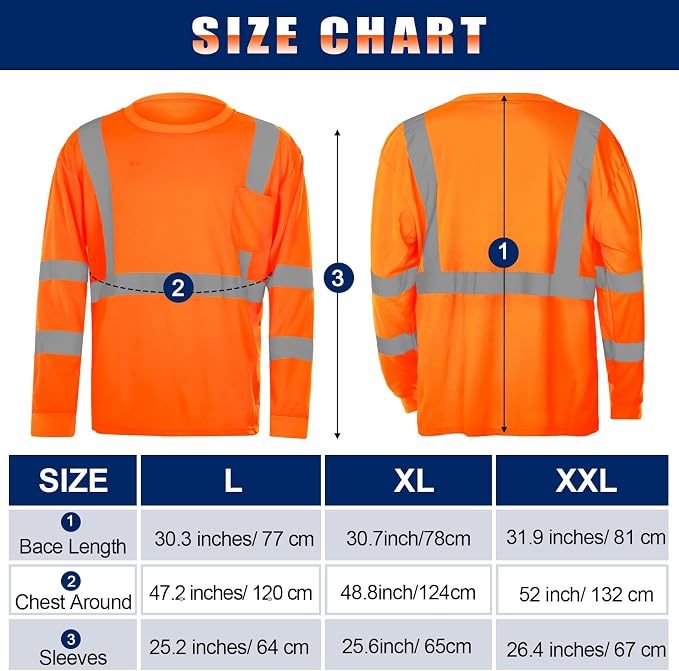 Macarrie 6 Pcs Class 3 Reflective Safety High Visibility Shirt Long Sleeve with Packet Breathable