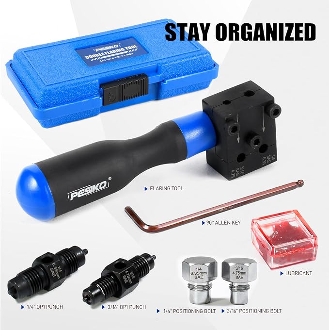 7-Piece Brake Line Flaring Tool Kit for 3/16" & 1/4" Lines, SAE Double Flare Tool, Creates 45° Single, Double & Bubble Flares for Hydraulic Brake Line Repair for Copper and Steel Tubing