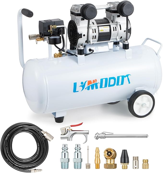Quiet Oil-Free Air Compressor, 68 dB, 2.8 CFM @ 90 PSI, 8 Gallon Air Tank | Steel Tank Compressor for Woodworking, Nailing, Garage Use, Car Inflation and Pneumatic Tools, Includes Air Hose Kit