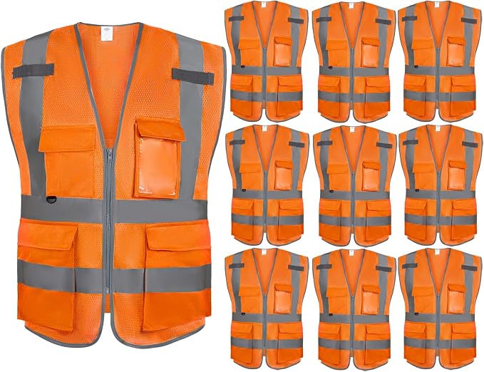 Dazonity High Visibility Mesh Safety Vest with Multi Pockets and Zipper, Fit for Men & Women, Work, Construction, Surveyor