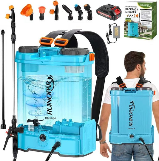 4 Gallon Battery Powered Backpack Sprayer with Auto-Mixing, 21V 2.6Ah Battery, 2 Spray Wands (Stainless & Fiberglass), 100 PSI Garden Sprayer for Lawn Care