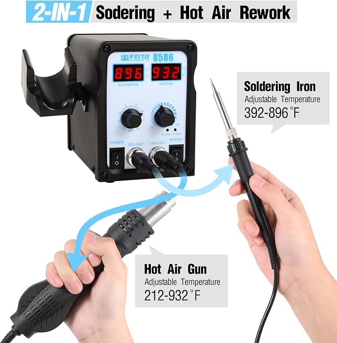 FEITA 8586 SMD Hot Air Rework Station 2 IN 1 Digital Soldering Iron & Heat Air Gun with 5 Solder Tips, 1 Solder Sucker, 1 Solder Wire, 1 Curved Tweezer, 3 Nozzles Kit