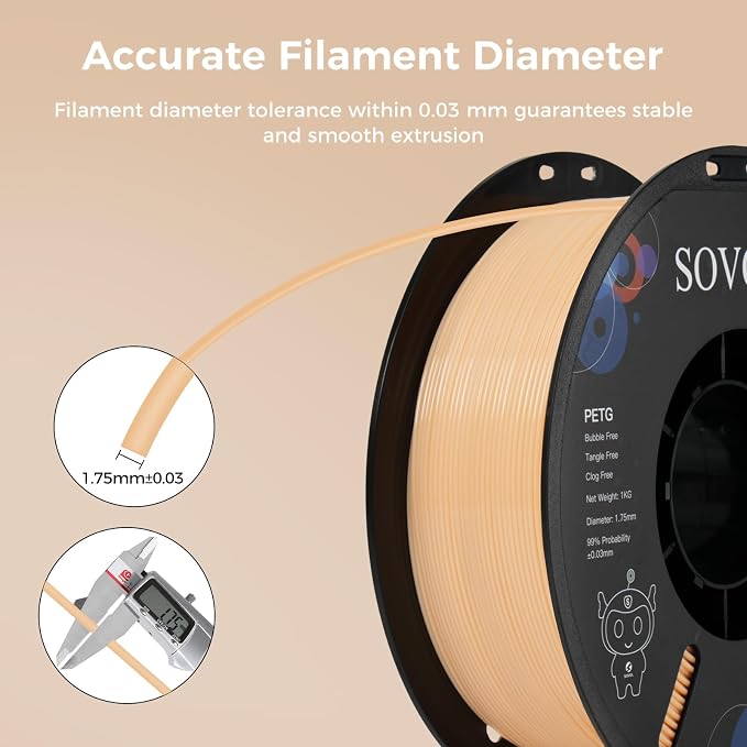 Sovol 3D Printer PETG Filament 1.75mm 1KG (2.2lbs), High Precision, Strong Toughness, Wiring Tightness, Dimensional Accuracy +/- 0.03 mm, 3D Printing PETG Filaments, Skin