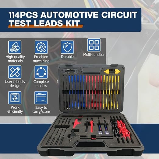Multimeter Test Leads Kit 114PCS Multimeter Leads Kit Multi Function Electrical Back Probe Kit Efficient Automotive Circuit Test Leads Kit Relay Wire Terminal Test Diagnostic Tool with Alligator Clips