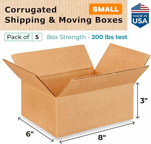 Small Moving & Shipping Boxes 8 x 6 x 3 inches (5-Pack) - Extra Strength 200 lb vs Regular - USA-Made Corrugated Packing Boxes for Moving - Small Cardboard Shipping Box by IDL Packaging