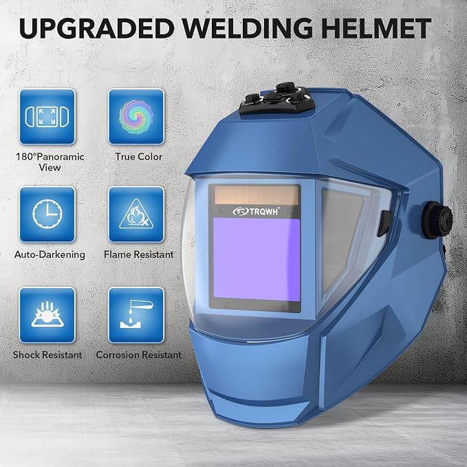 TRQWH Panoramic View Welding Helmet Auto Darkening Welding Hood True Color 4 Arc Sensor Welding Mask Large Viewing 3.94" x 3.15" Wide Shade 4/5-9/9-13 Weld Helmet for TIG MIG ARC Weld (Blue)