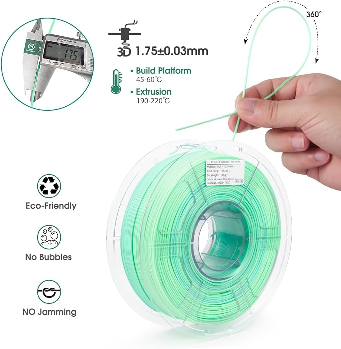 iSANMATE PLA+ 3D Printer Filament, Pla Filament 1.75mm Gradient Multicolors Filament, Color Change Rainbow Filament, Green, Blue 3D Printing Material 1KG
