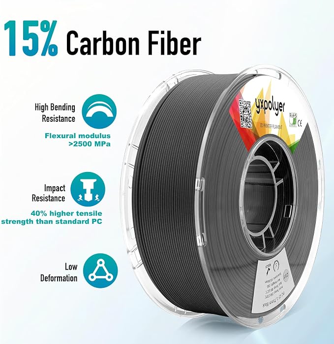 YXPOLYER PC-CF Filament Polycarbonate PC Carbon Fiber Engineering-Grade Filament 1.75mm 1kg with Reusable High-Heat Tolerant Spool