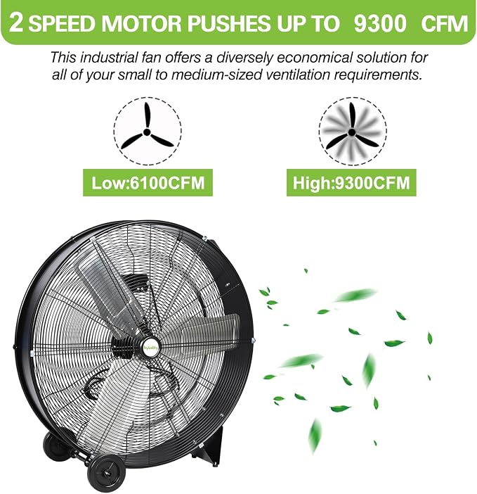 hykolity 30 inch High Velocity Drum Fan, 2-Speed Heavy Duty Industrial Shop Fan Up to 9300 CFM, Commercial Floor Fan for Warehouse, Workshop, Garage and Basement, Black