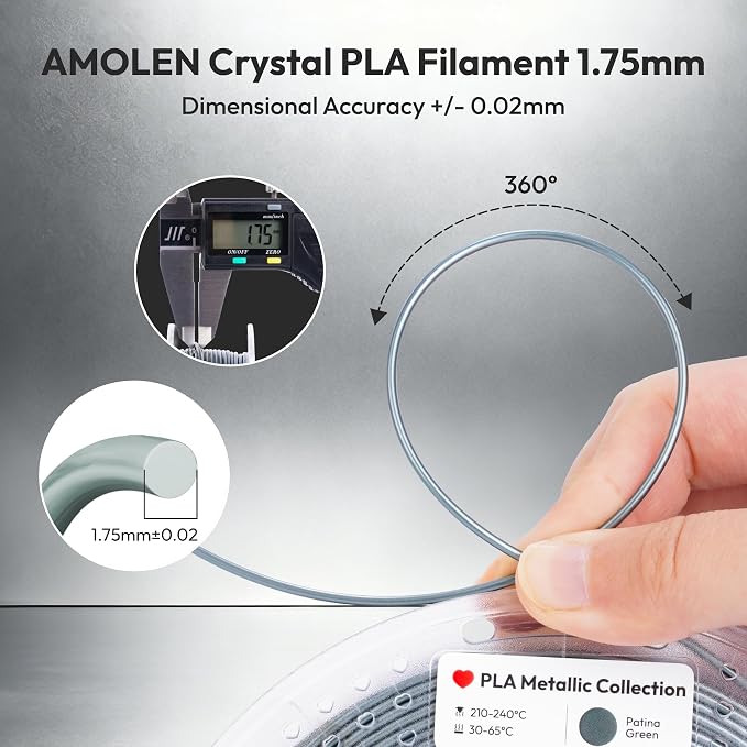 AMOLEN PLA 3D Printer Metal-Like Filament PLA Filament 1.75mm Filament Bundle,Green Bronze, Silver,Brass Bronze, Red Copper,3D Printing Filament Bundle, 200gX 4 Spools